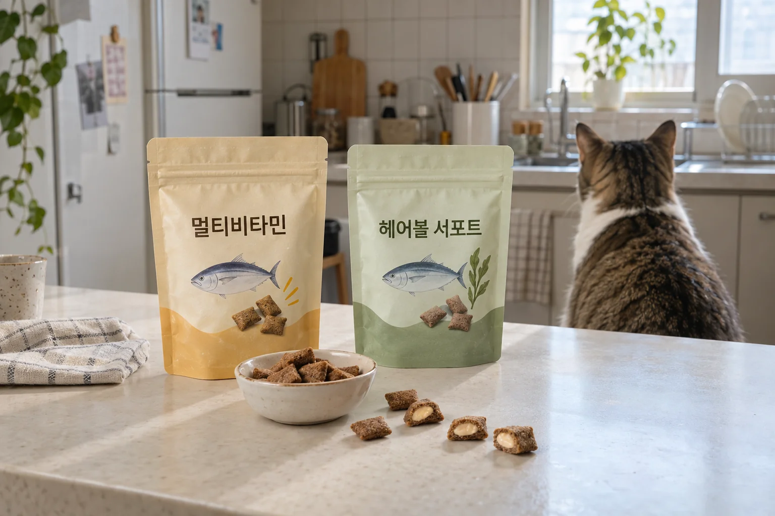 참치맛 고양이 보충제 두 종류와 고양이가 놓인 식탁