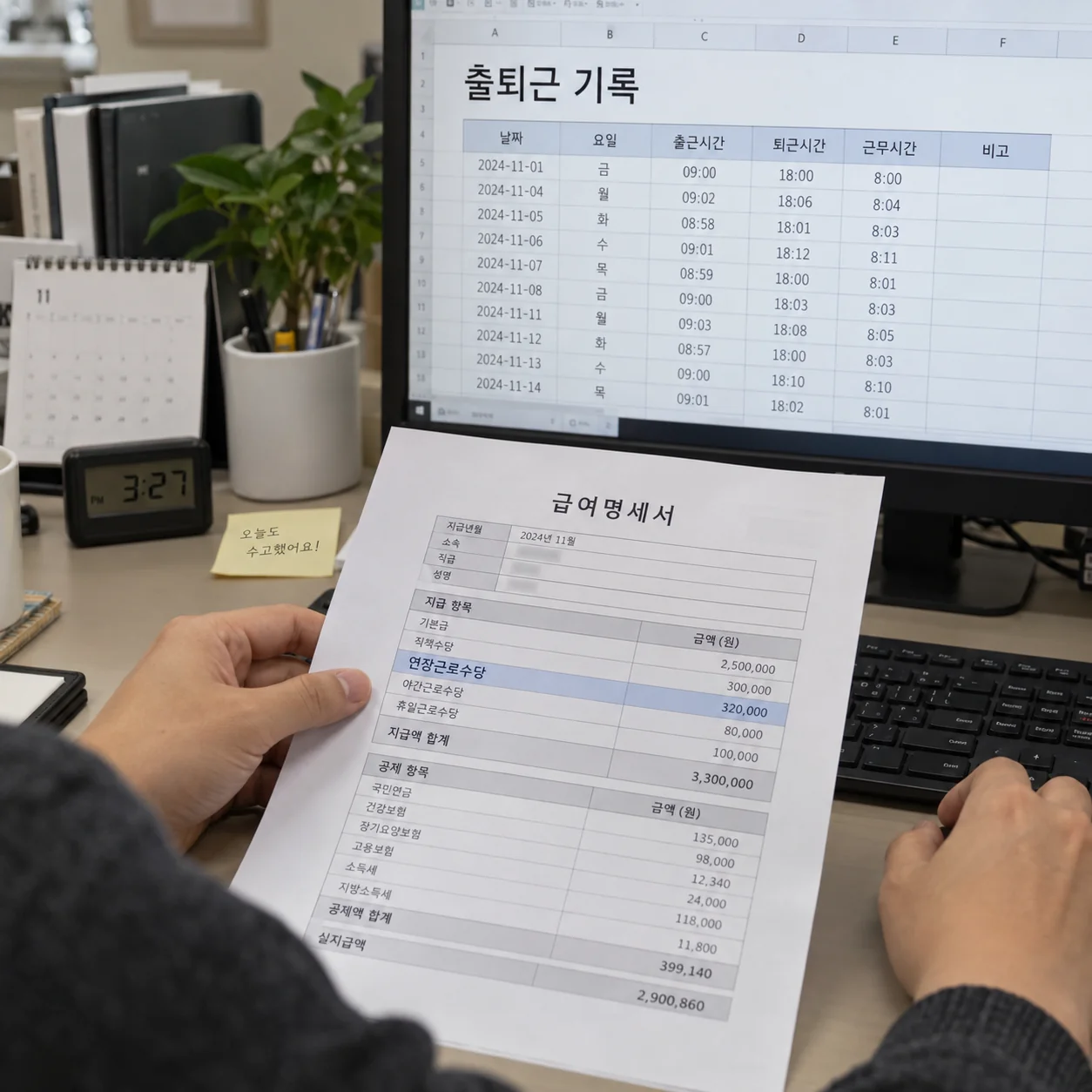 출퇴근 기록과 수당 항목을 대조하는 사무실 장면
