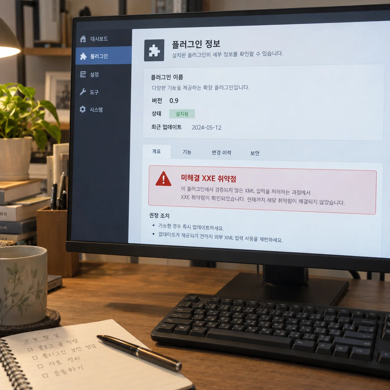 플러그인 버전과 미해결 XXE 보안 경고를 확인하는 화면