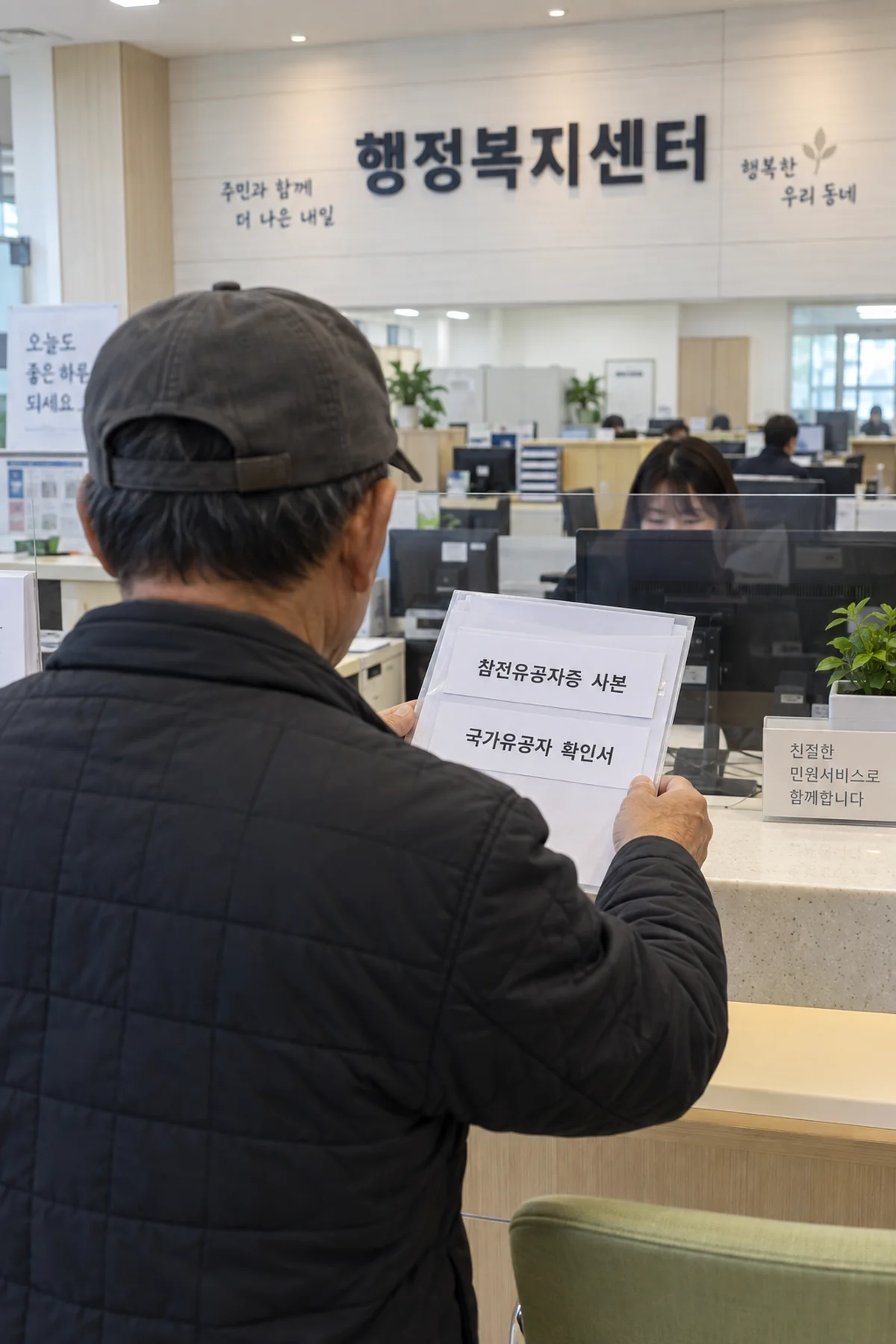 행정복지센터 신청 창구에 준비한 참전 등록 증빙서류