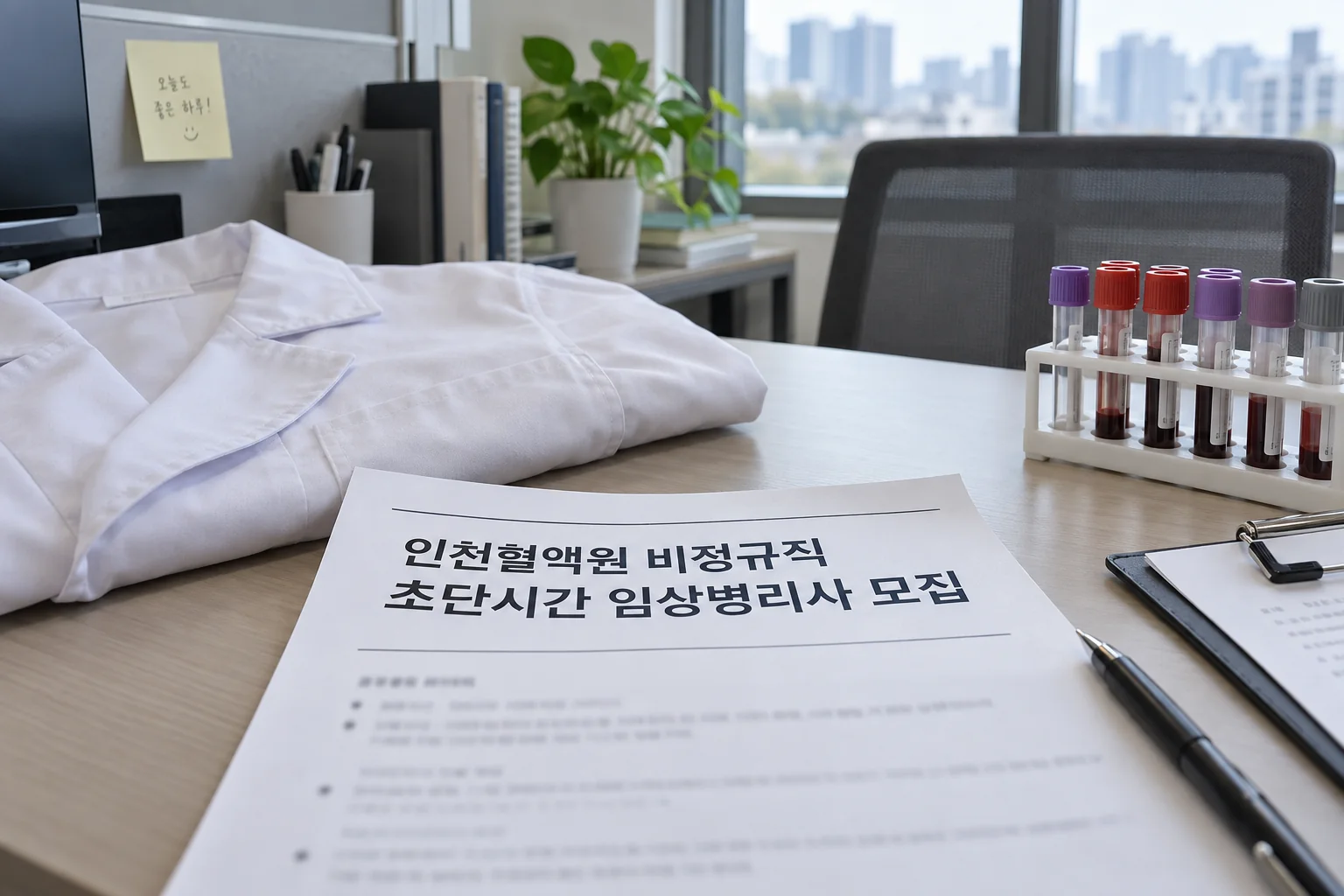인천혈액원 임상병리사 채용 조건을 확인하는 책상 위 서류