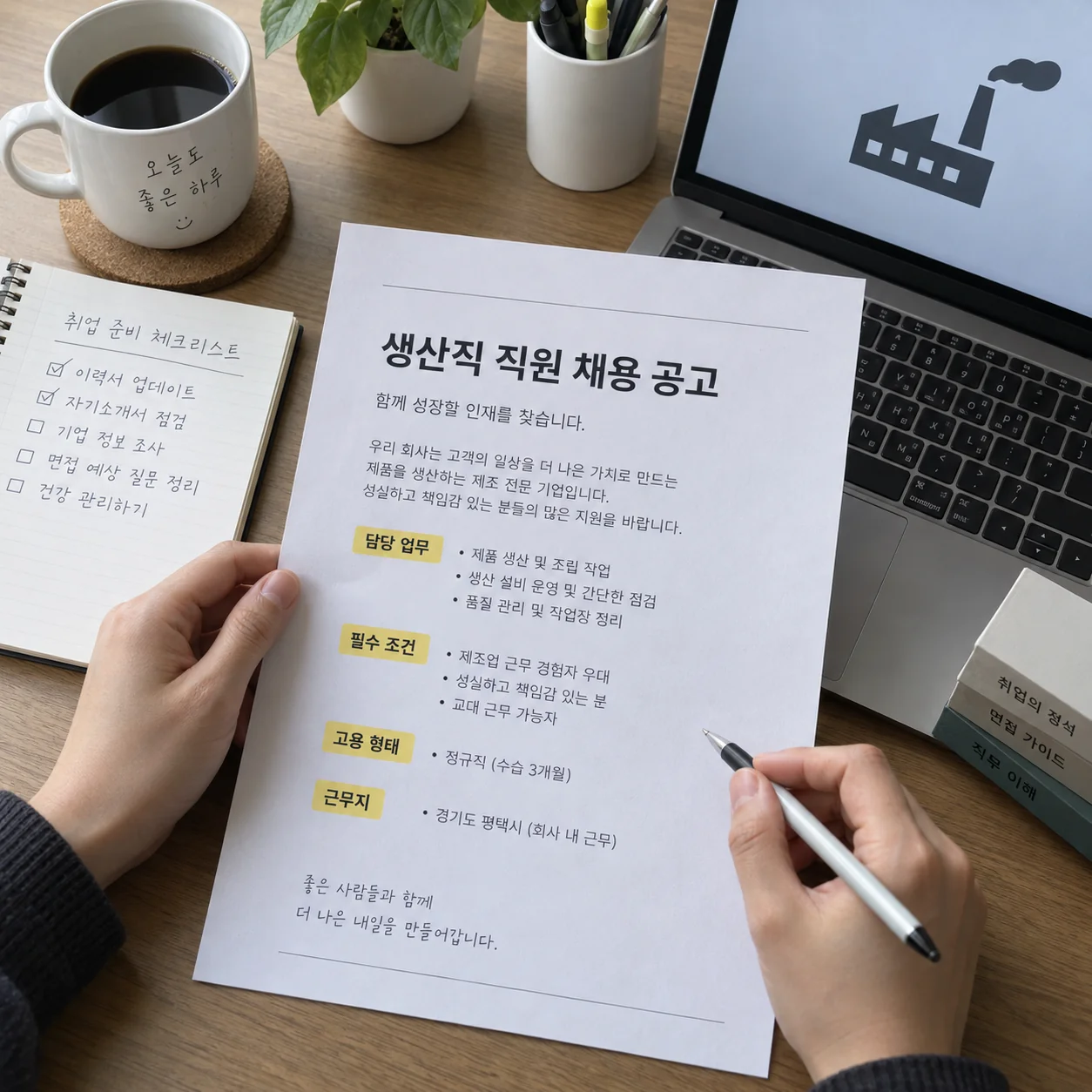 제조업 채용공고의 직무와 근무 조건을 확인하는 책상