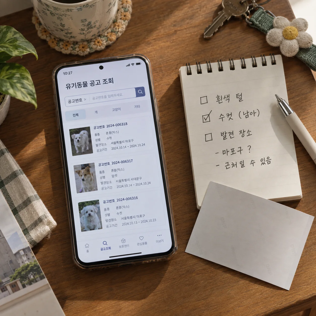 보호자가 공고번호와 반려견 정보를 정리한 안내 서류