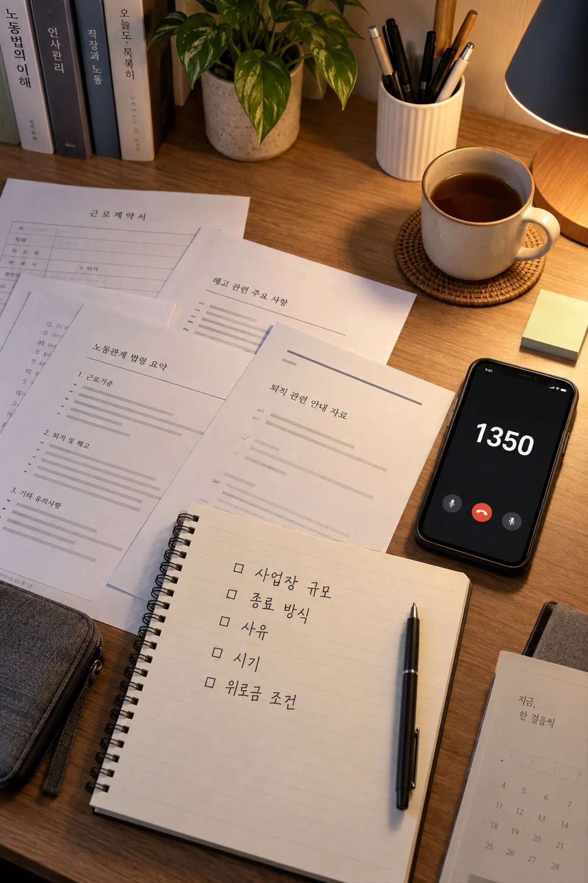 사업장 규모와 문서 내용을 정리하며 1350 상담을 준비하는 책상