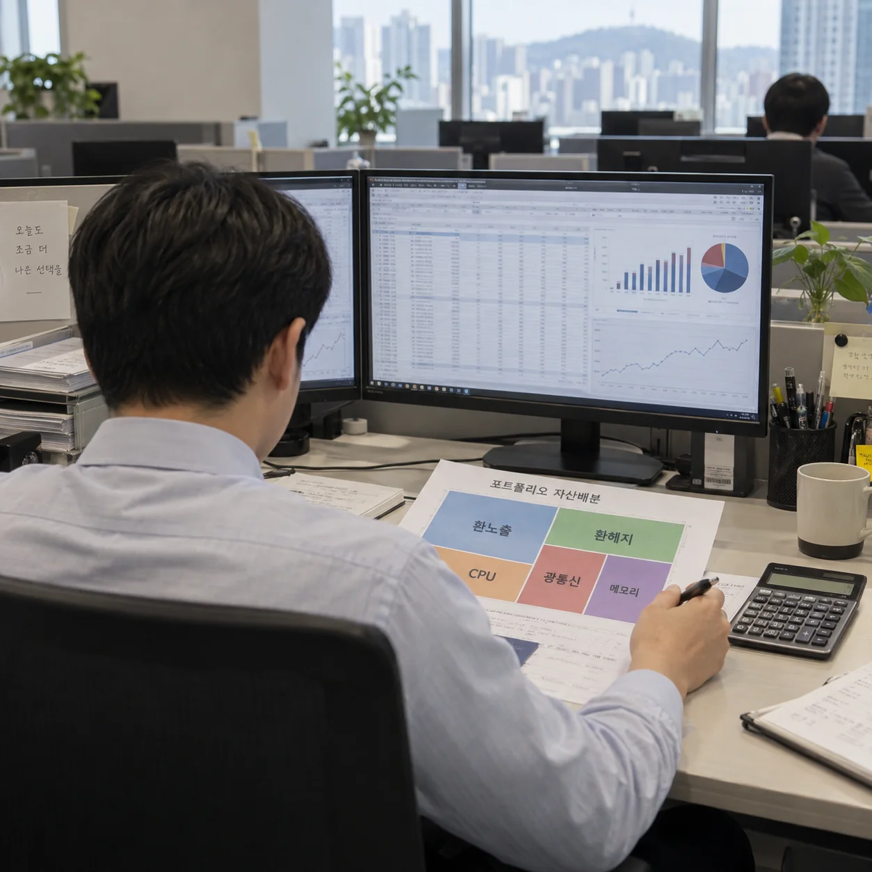 기업 재무 담당자가 통화와 기술 ETF 노출을 점검하는 책상