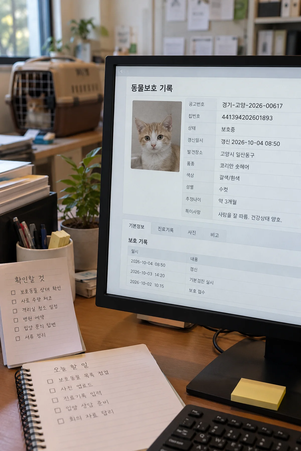 보호소 기록 화면의 공고번호와 갱신 시각을 확인하는 모습