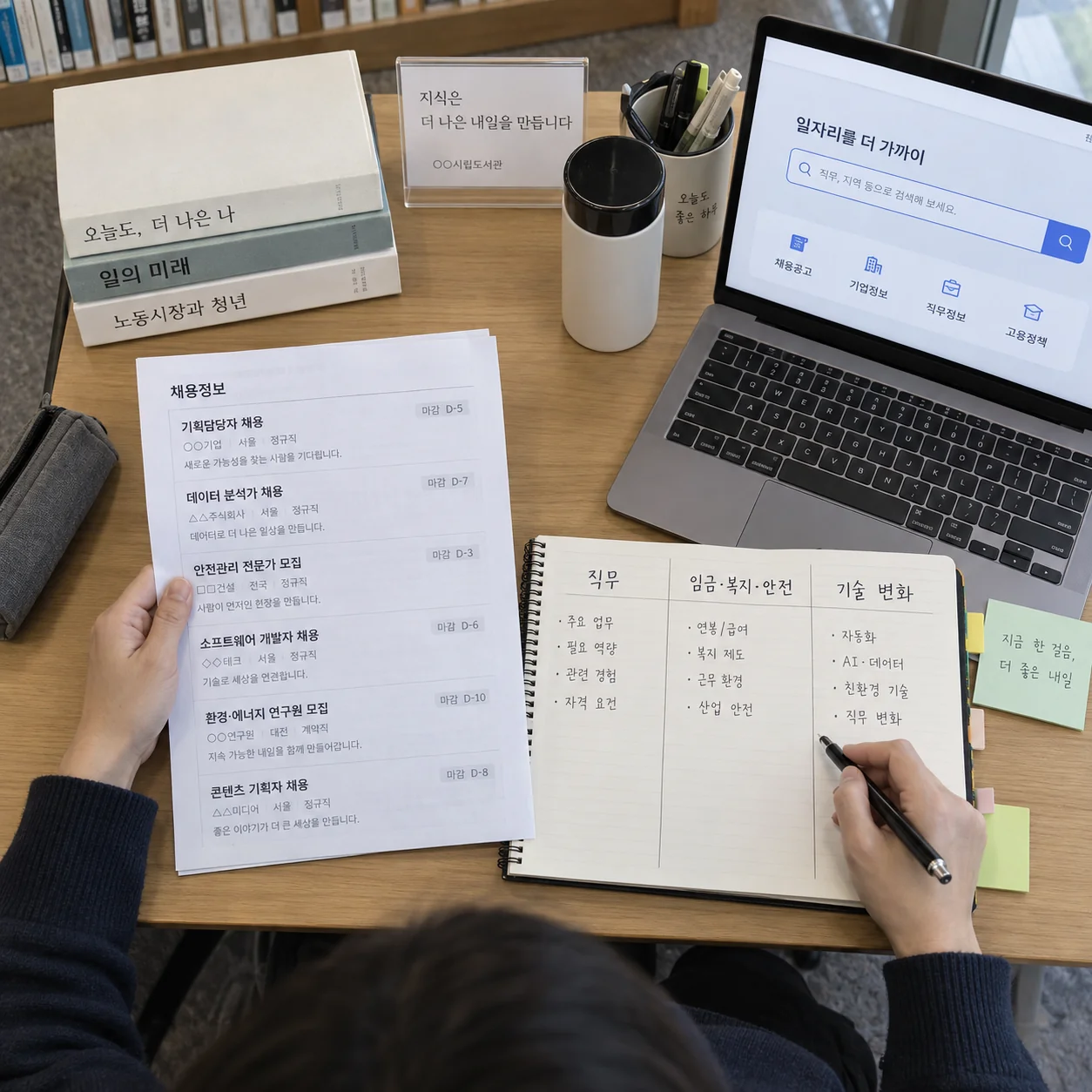 취업준비생이 채용공고의 직무와 근무조건을 비교하는 장면
