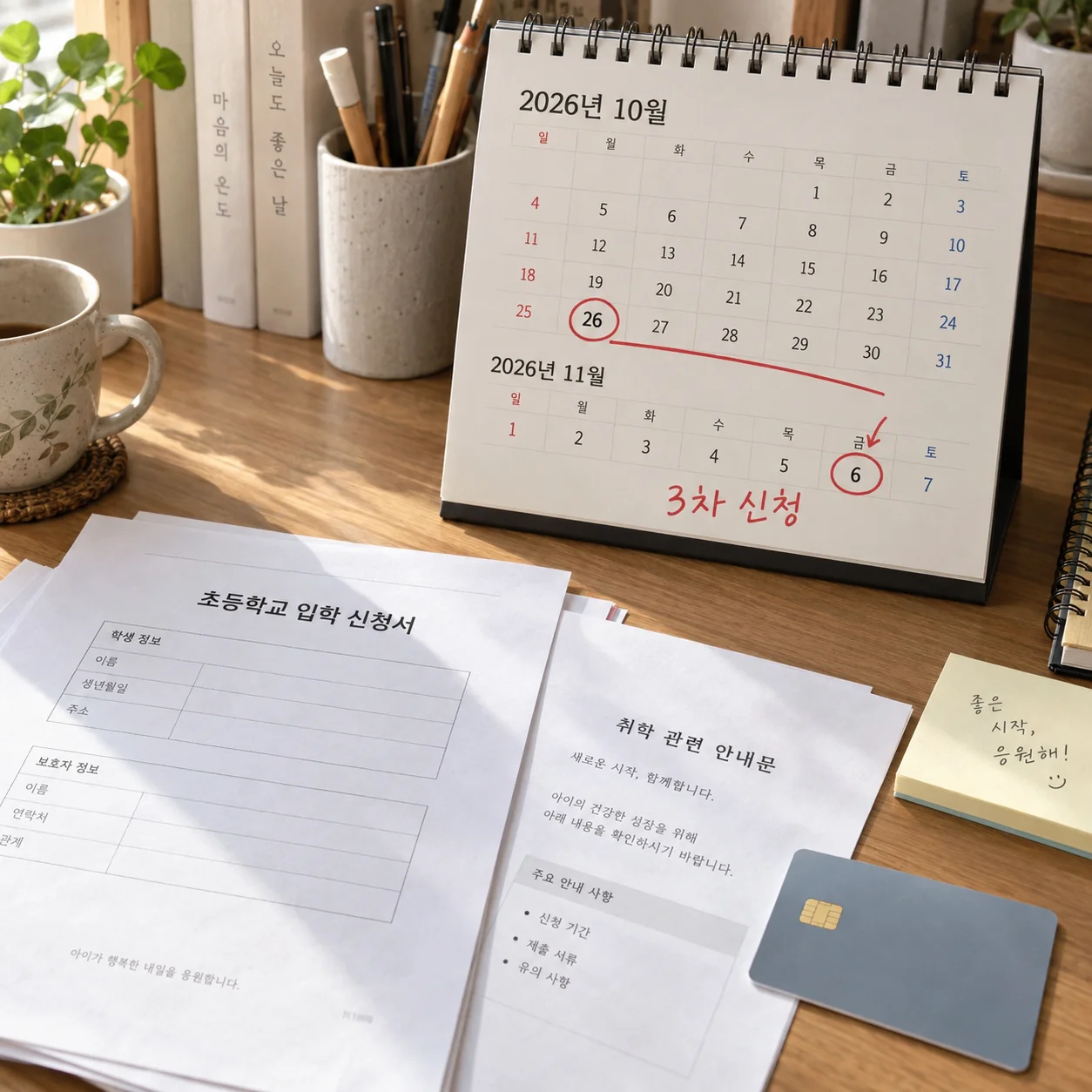 2026년 3차 신청기간이 표시된 달력과 입학 서류
