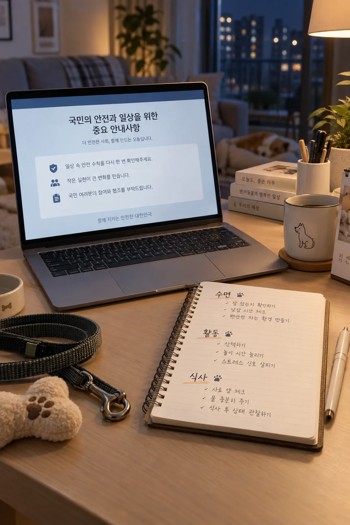 공식 발표 화면과 반려동물 일지를 따로 비교하는 책상