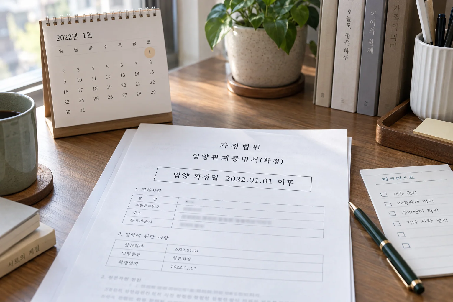 입양 확정일과 대상 조건을 확인하는 서류와 달력