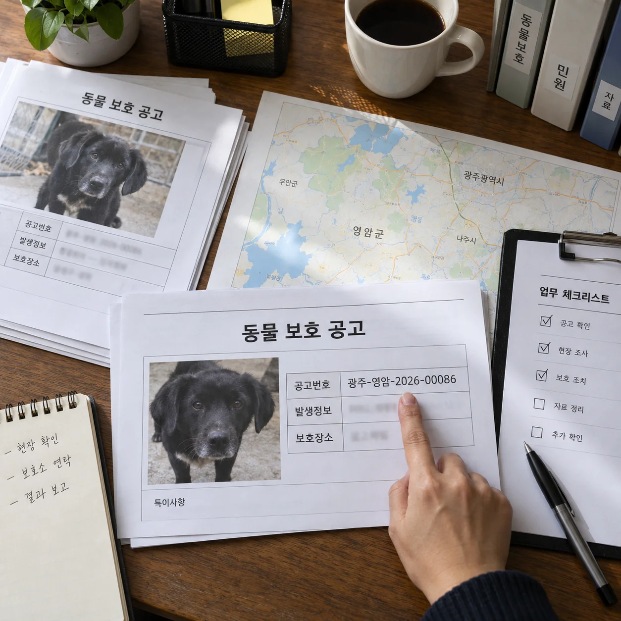 공고번호와 보호소 주소를 순서대로 대조하는 서류