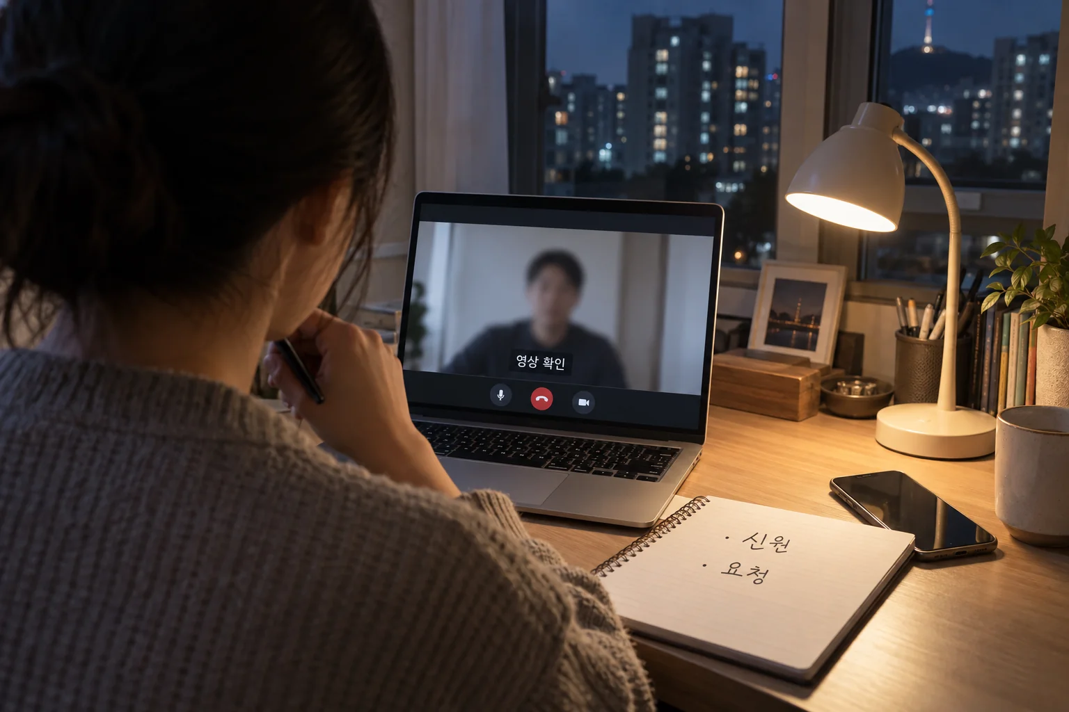 노트북 영상 통화 화면과 신원 확인 메모를 살피는 모습