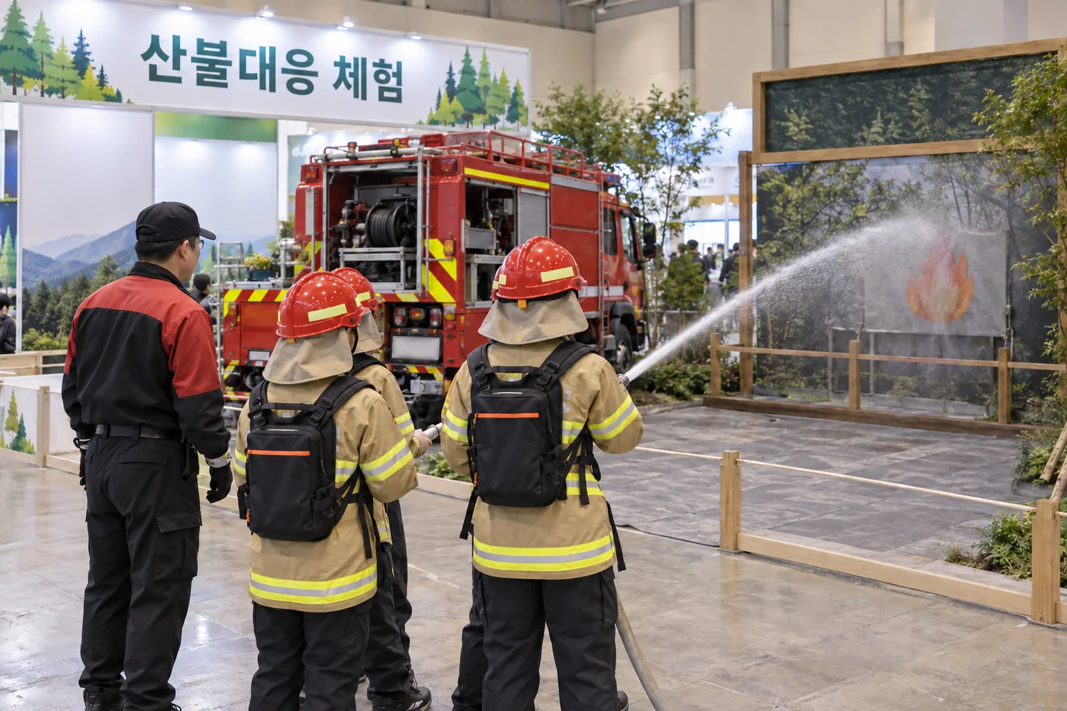 산불진화 장비와 차량 살수 체험이 진행되는 진로 부스