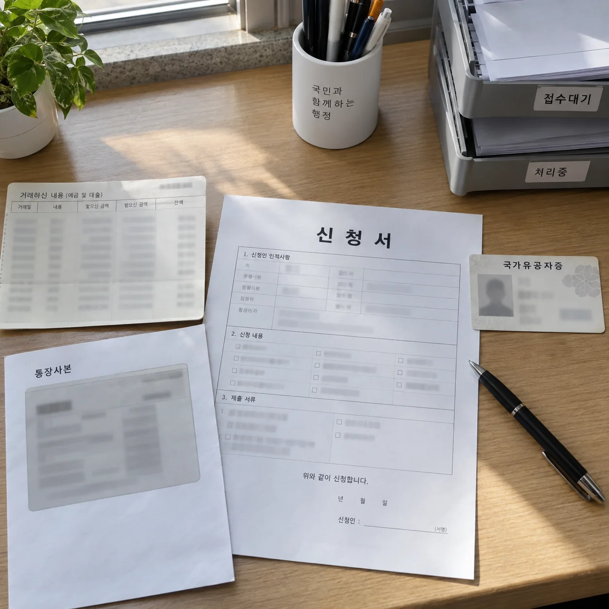 신청서와 통장사본, 국가유공자증을 책상 위에 준비한 모습