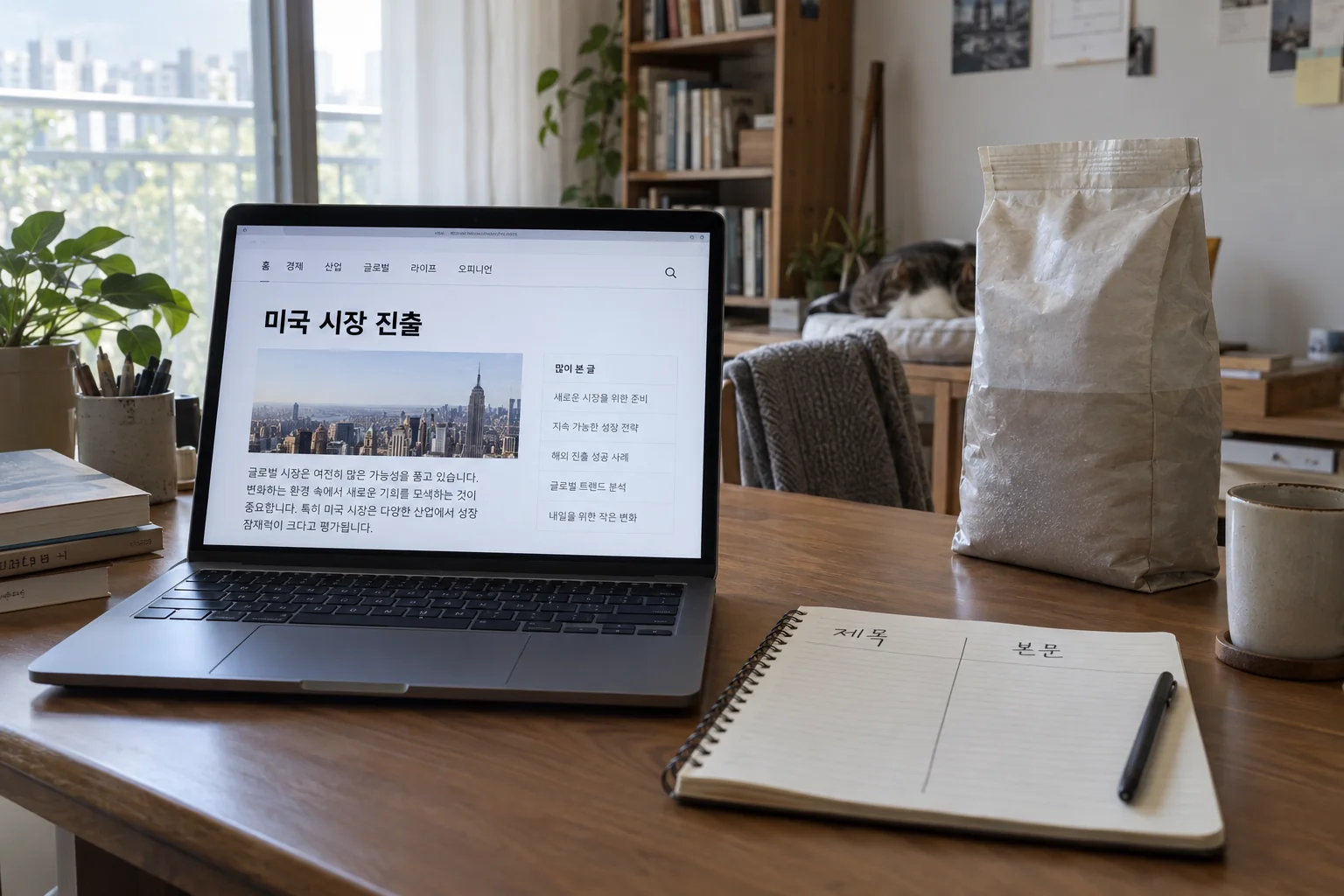 기사 제목과 본문 내용을 비교해 확인하는 노트북 화면