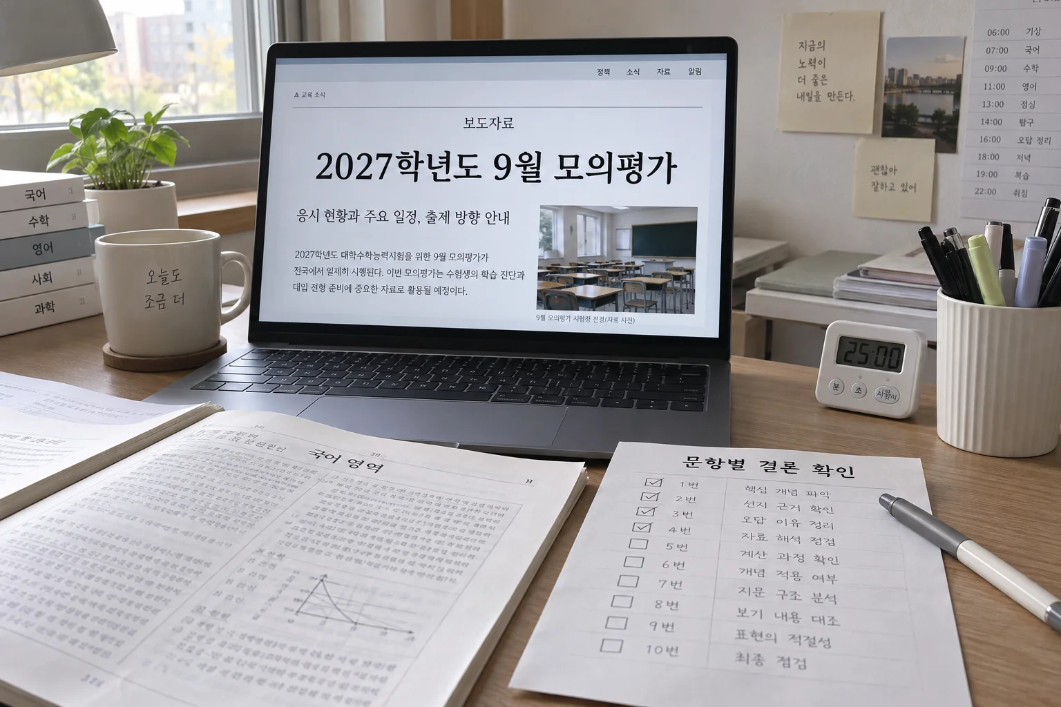 모의평가 심사 결과 원문을 확인하는 수험생의 책상