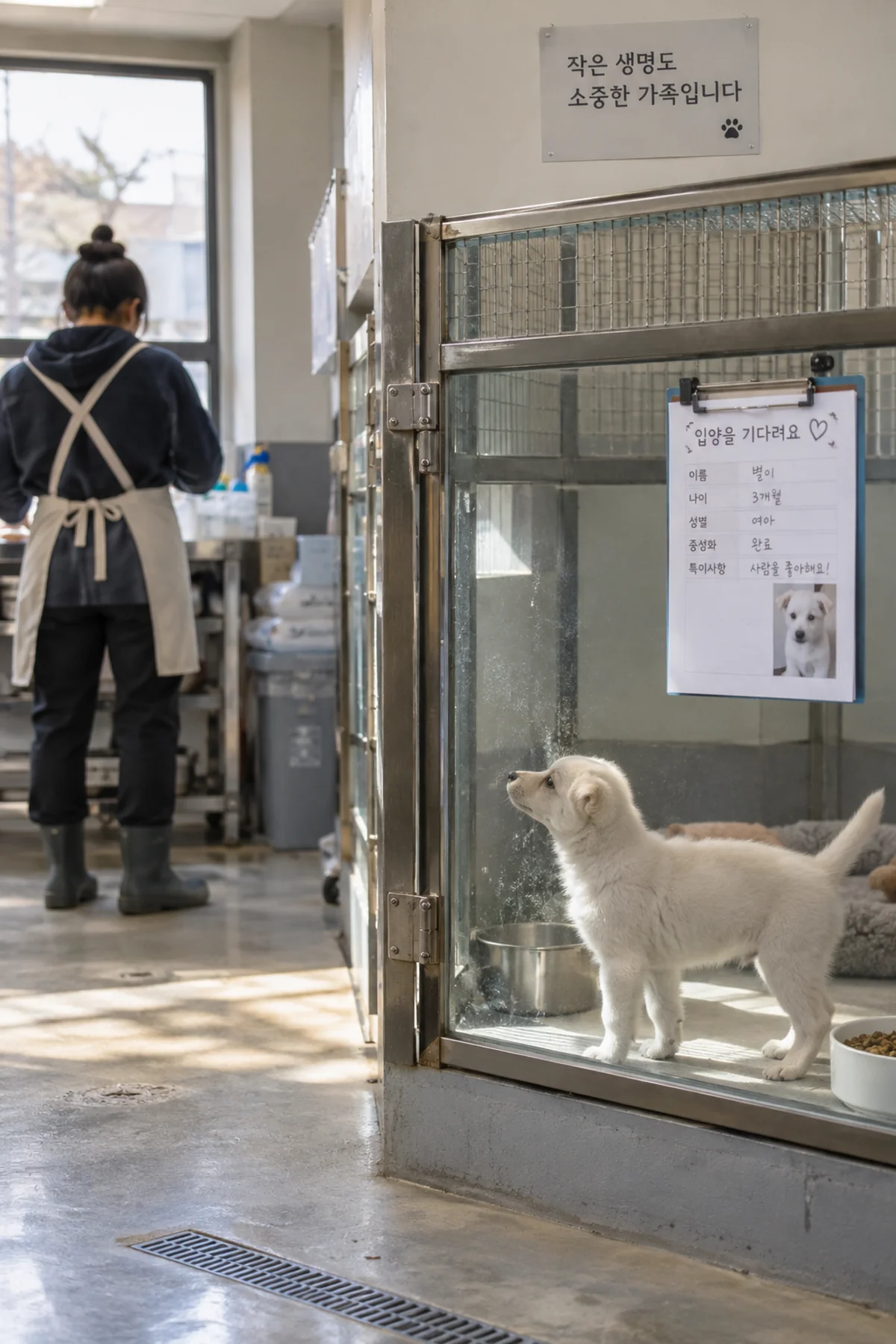 보호 공간에서 물그릇과 사료를 살피는 어린 흰색 믹스견