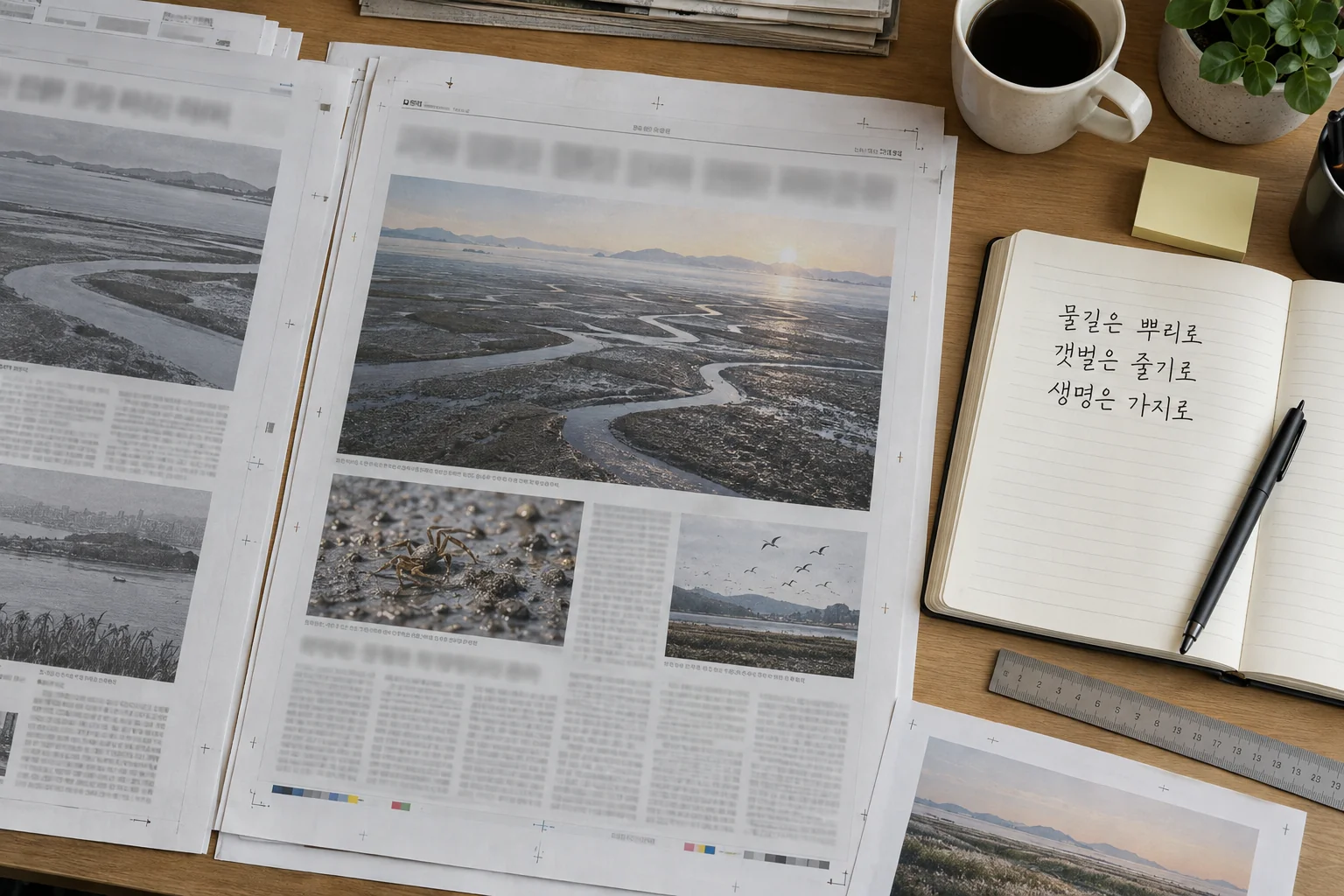 신문 지면 위에 수상작 전체 제목을 정리한 편집 데스크