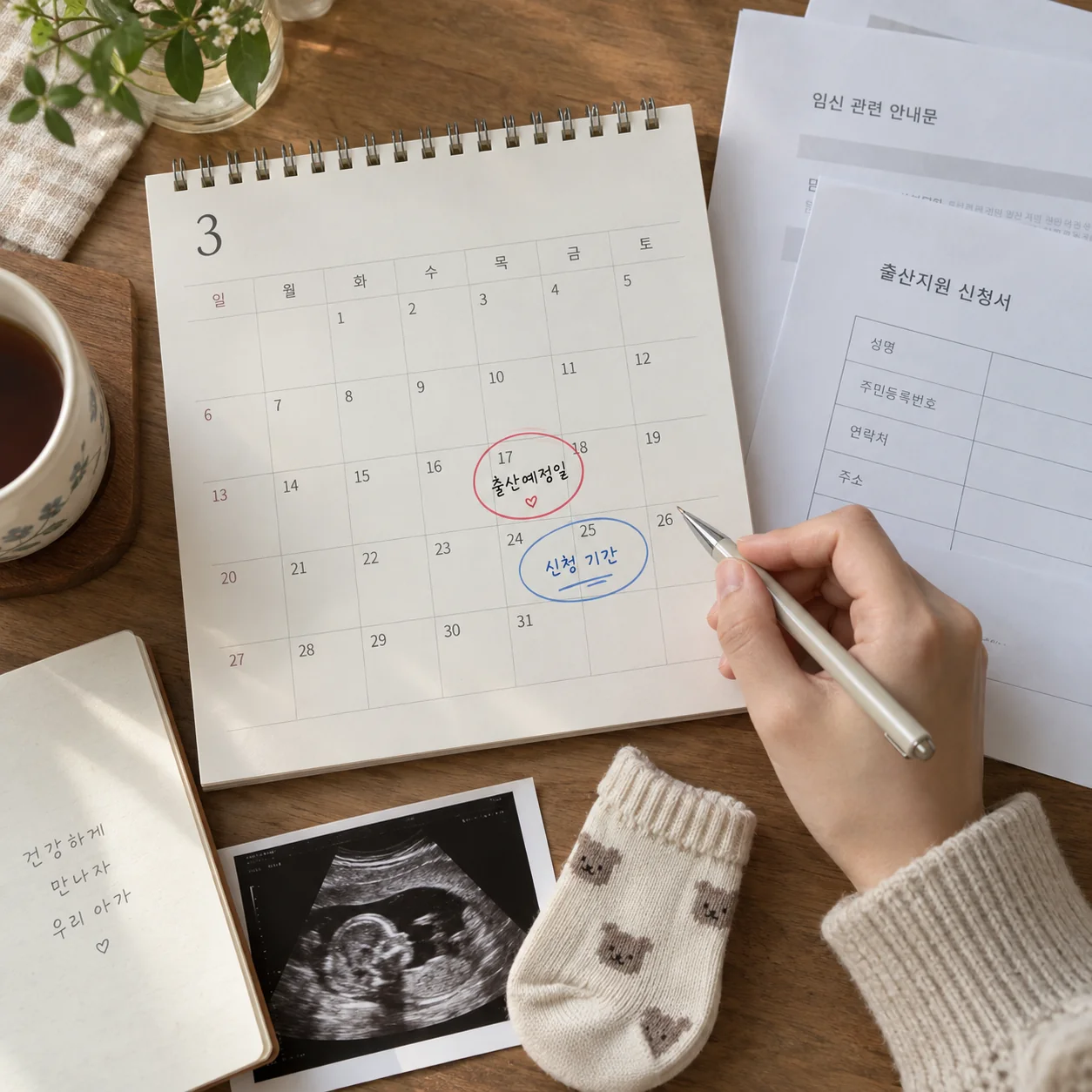 출산예정일과 신청 가능 기간을 달력에 표시한 장면