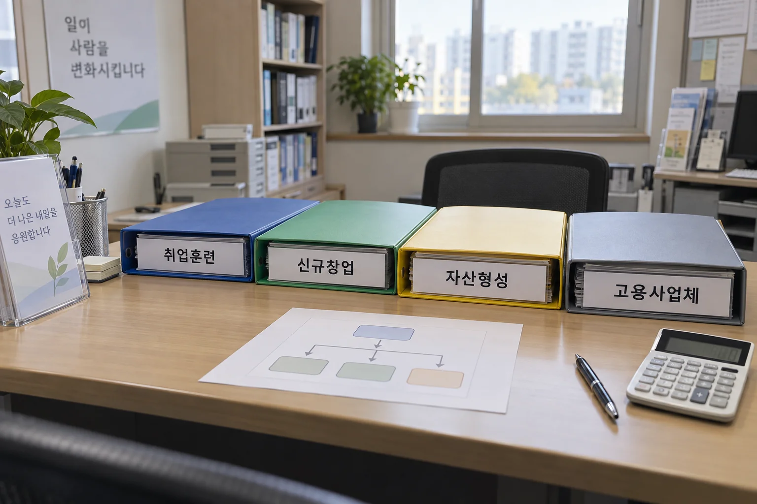취업·창업·저축·고용지원 경로를 정리한 상담 책상