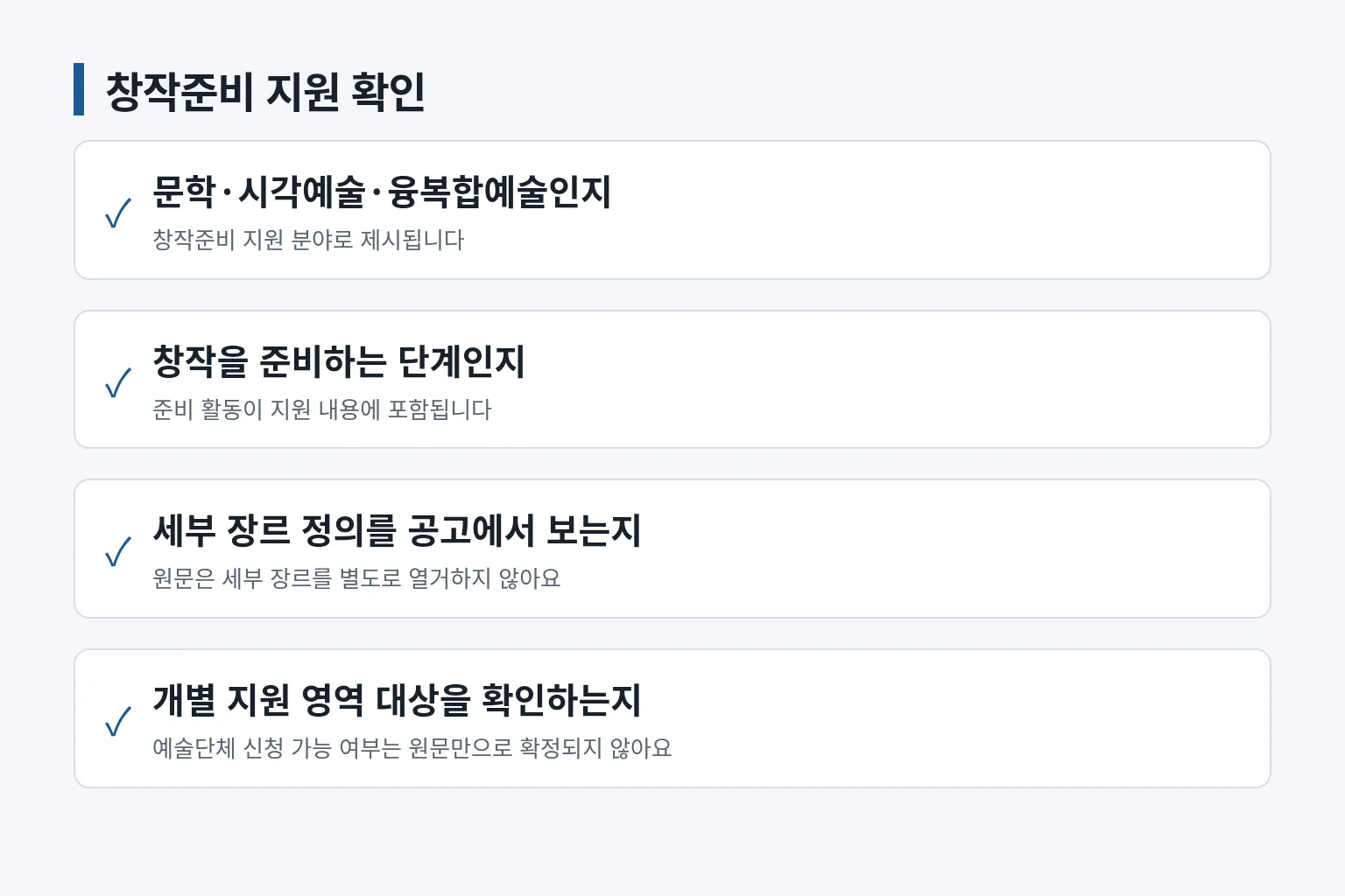 창작준비 지원 분야와 확인할 내용을 정리한 정보 그림입니다