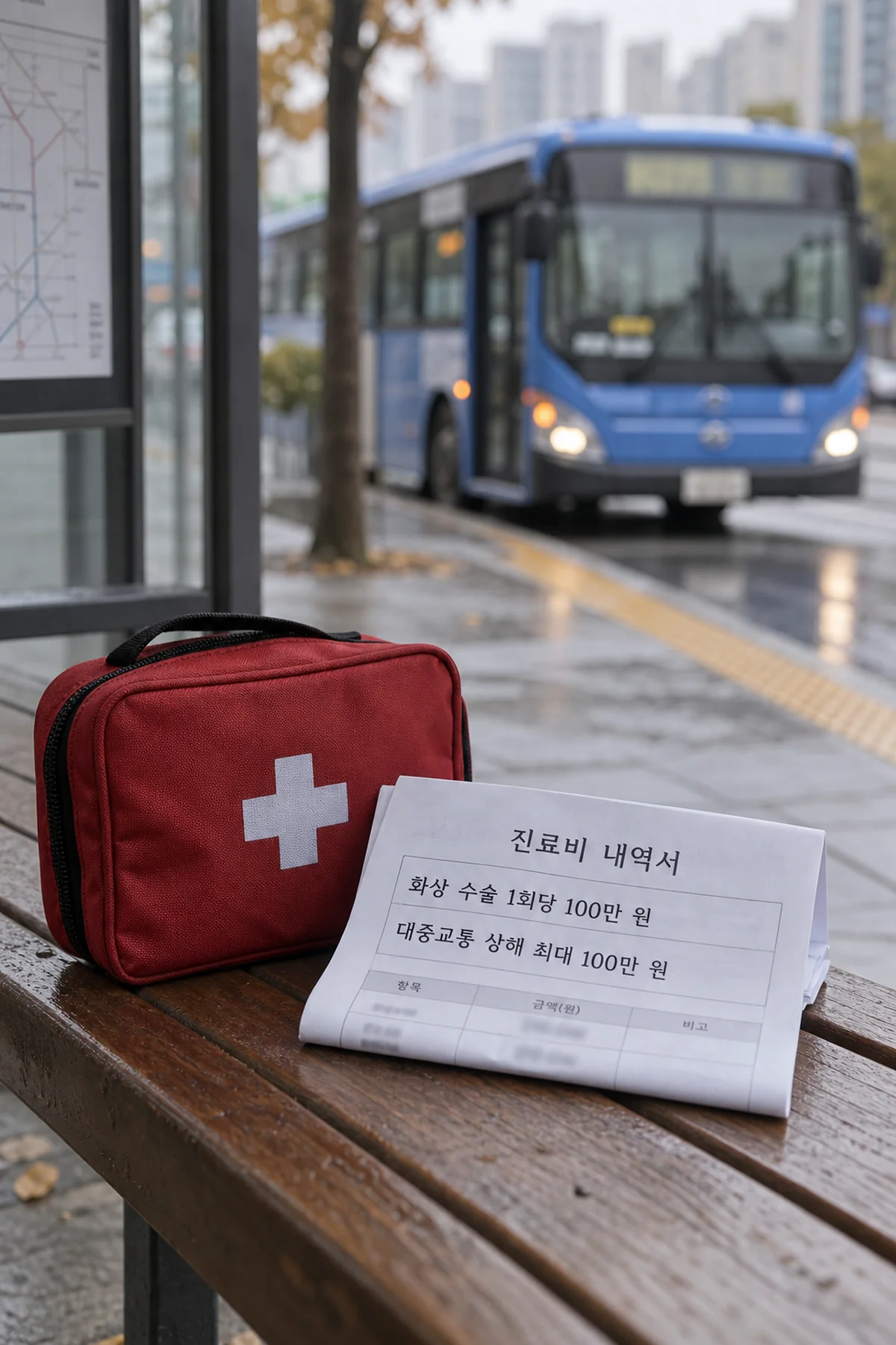 버스 정류장 옆 응급 처치 가방과 화상 수술 관련 진료 서류