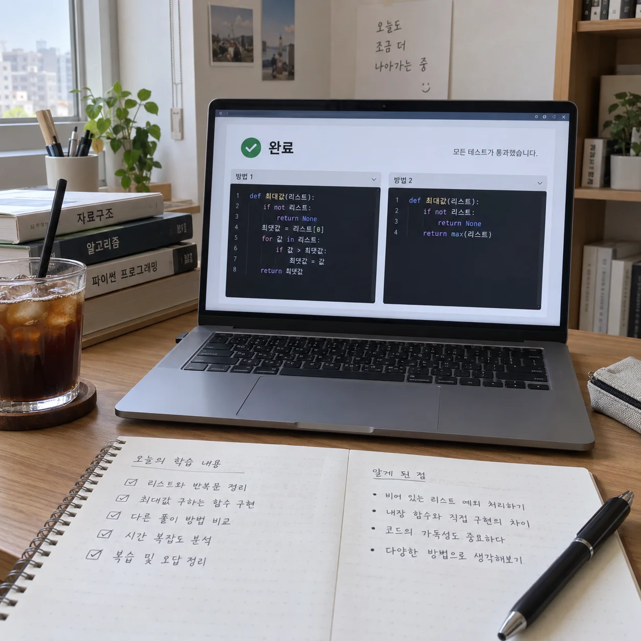 완료한 코딩 문제와 여러 풀이를 비교하는 노트북 화면