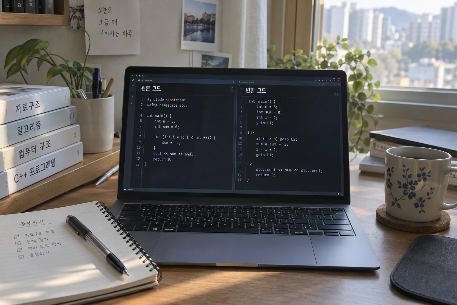 노트북 화면에 C++ 원본 코드와 변환 결과가 나란히 표시된 모습