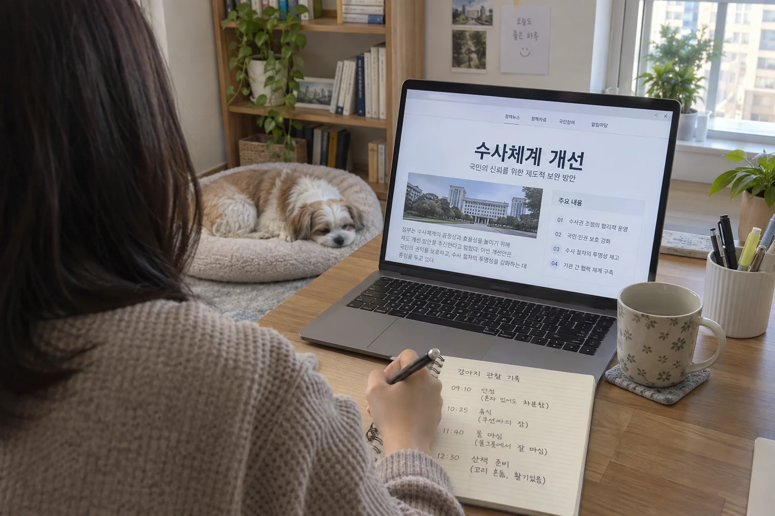 해양경찰 수사체계 개선 발표 자료와 반려견 관찰 기록을 함께 살피는 모습