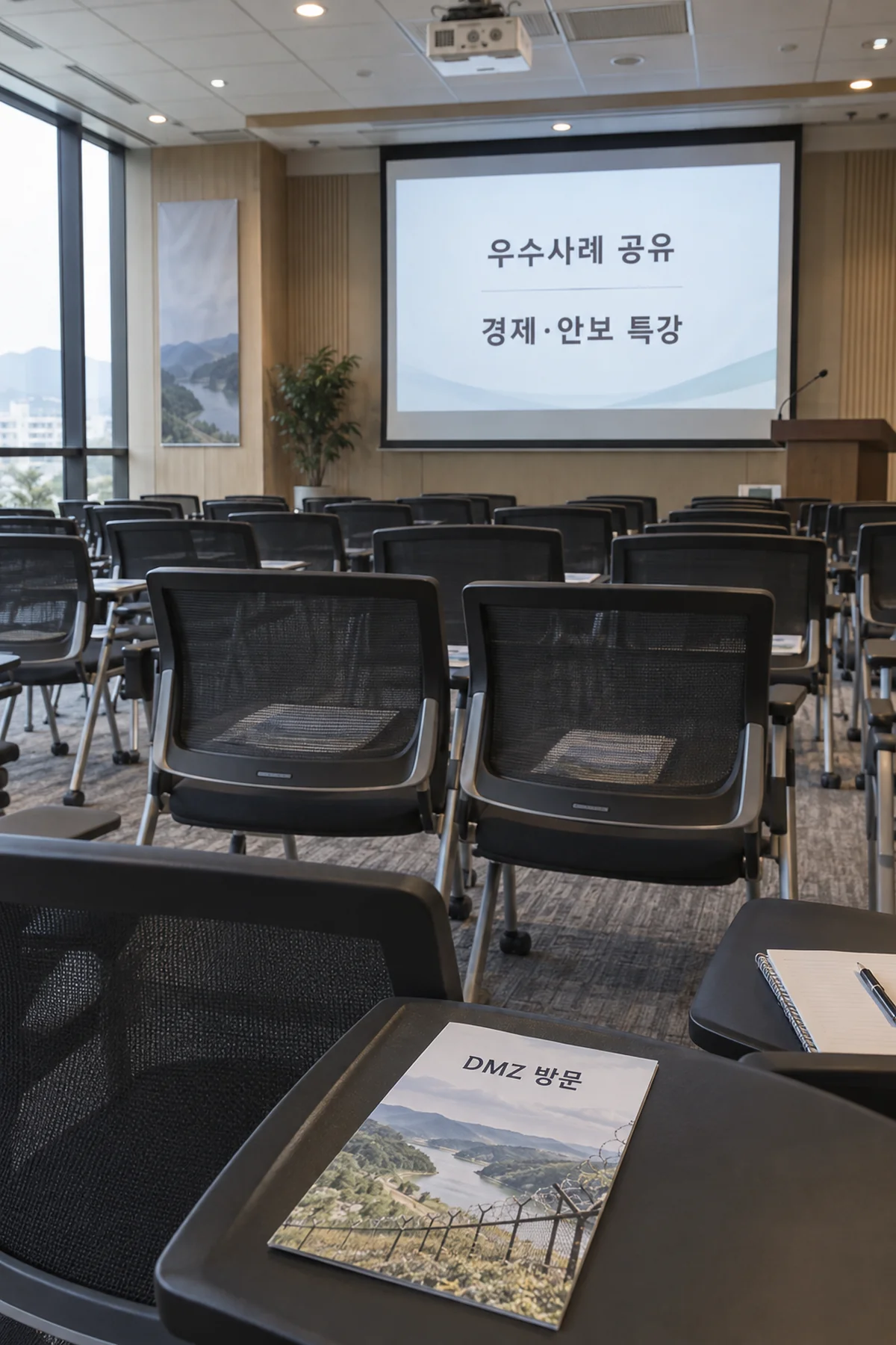 세미나 자료와 DMZ 방문 안내가 놓인 회의 공간