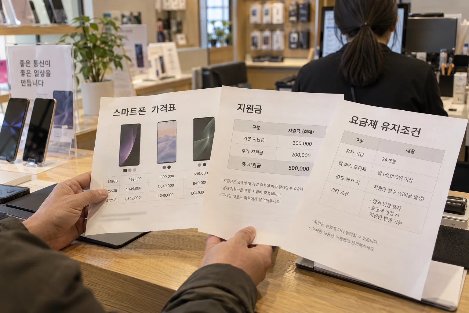 통신 매장에서 지원금과 요금제 조건을 함께 확인하는 모습