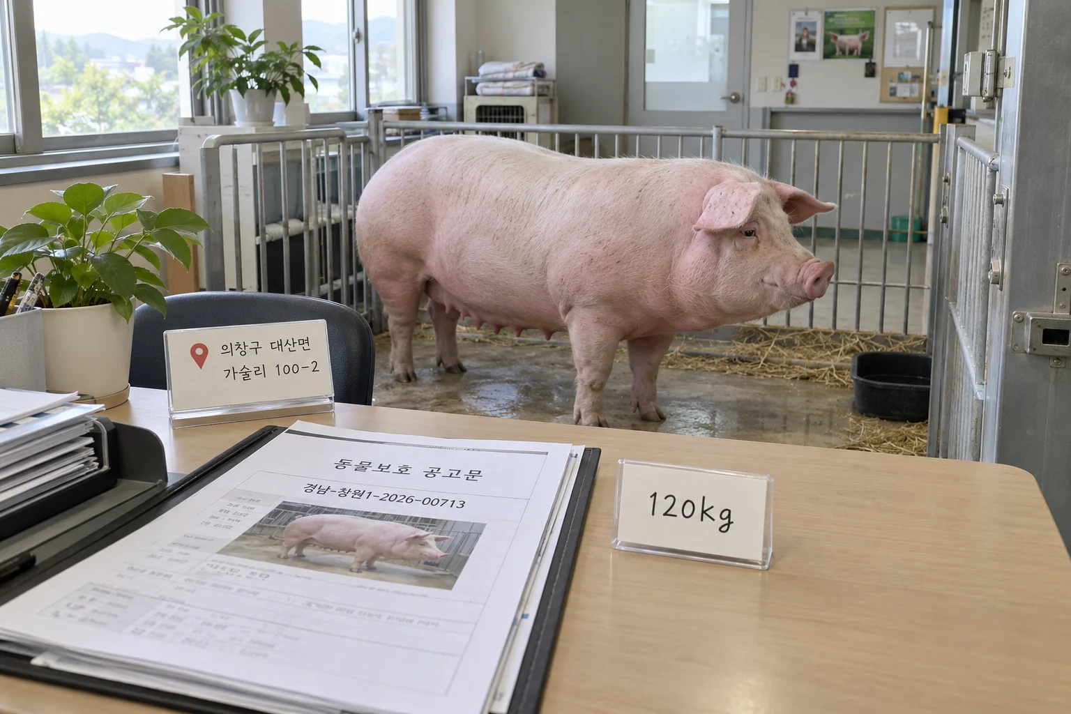 가술리 발견 장소와 공고번호를 대조하는 돼지 보호 확인 장면