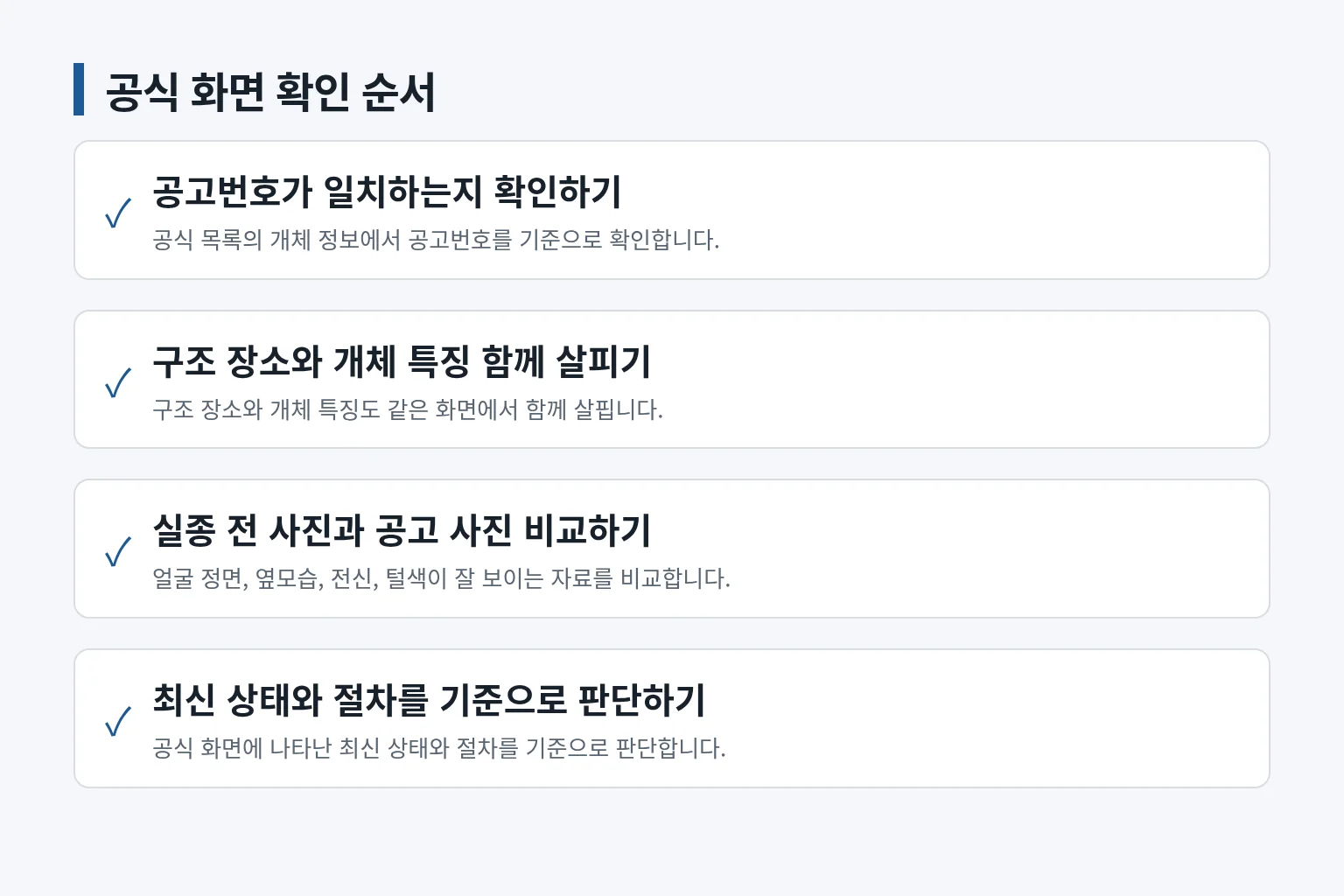 공식 공고의 현재 상태와 사진을 대조하는 확인 항목 그림입니다