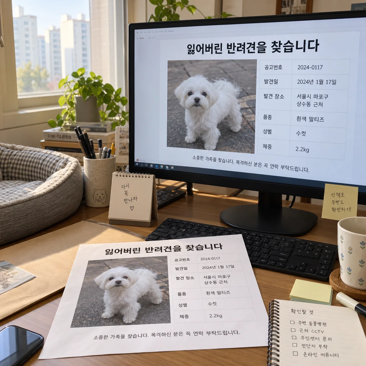 공식 보호 공고의 발견 장소와 개체 특징을 확인하는 화면