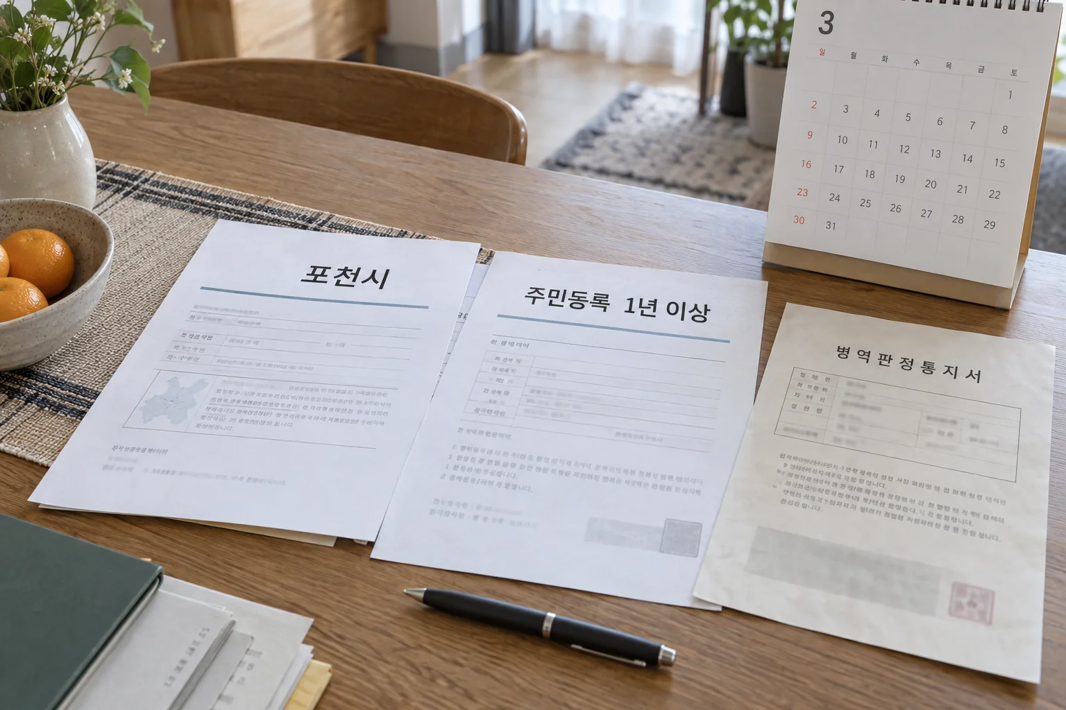 포천시 거주 요건을 확인하는 주민등록 서류와 입영 통지서
