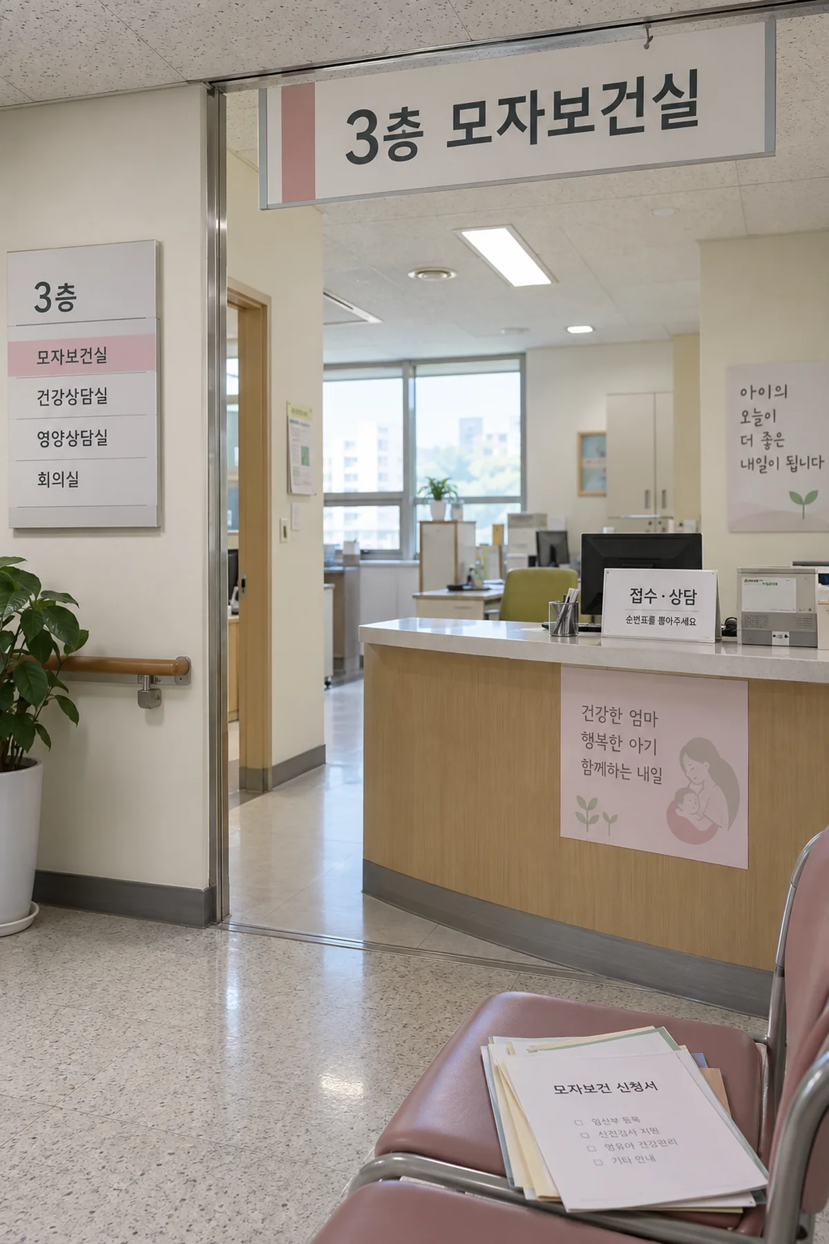 보건의료원 모자보건실 접수 창구 앞 신청 서류