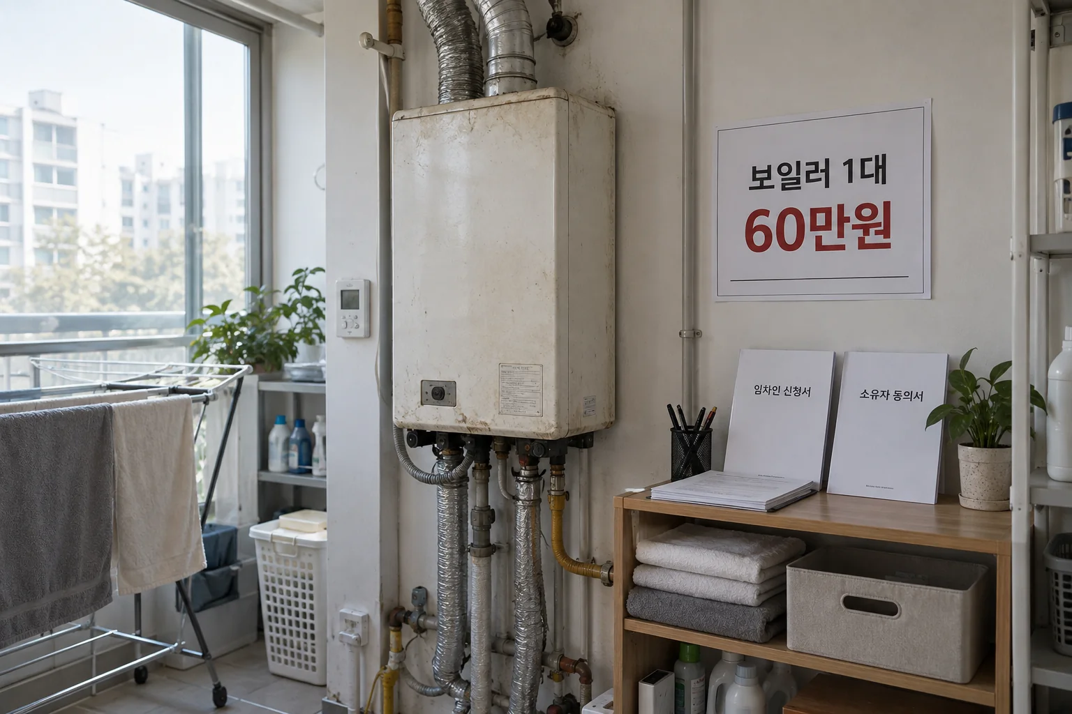 동작구 아파트 보일러실에서 지원 안내를 확인하는 모습