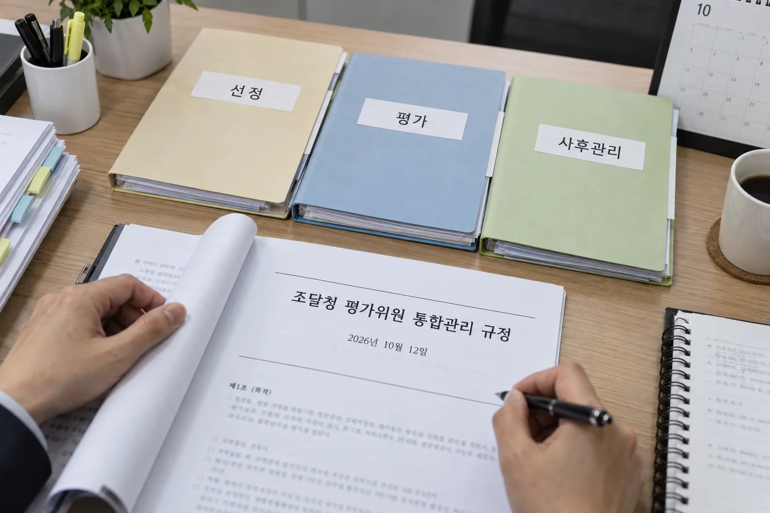 조달 평가위원 관리 절차를 단계별로 정리한 사무실 장면
