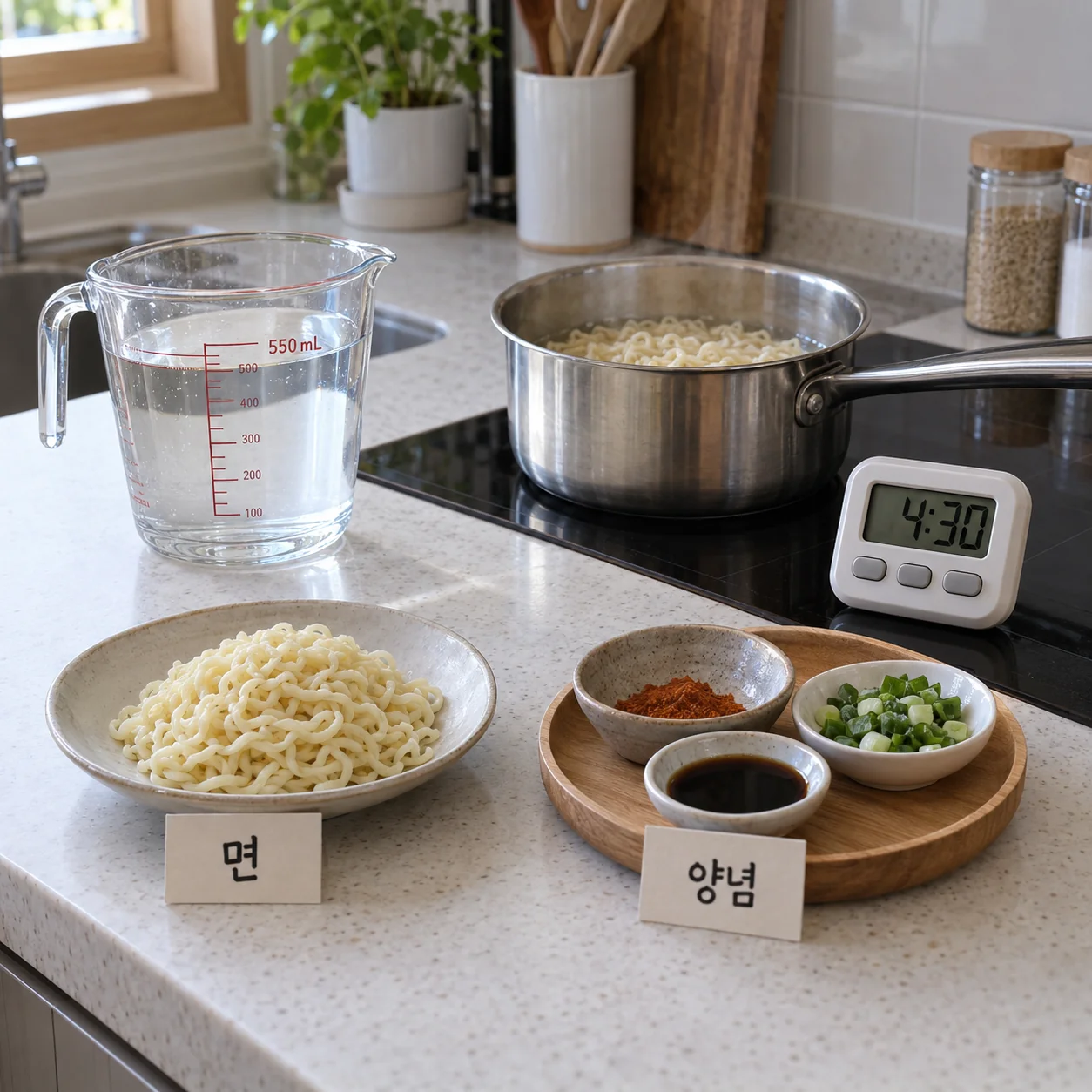 550mL 계량컵과 4분30초 타이머로 맞춘 라면 조리