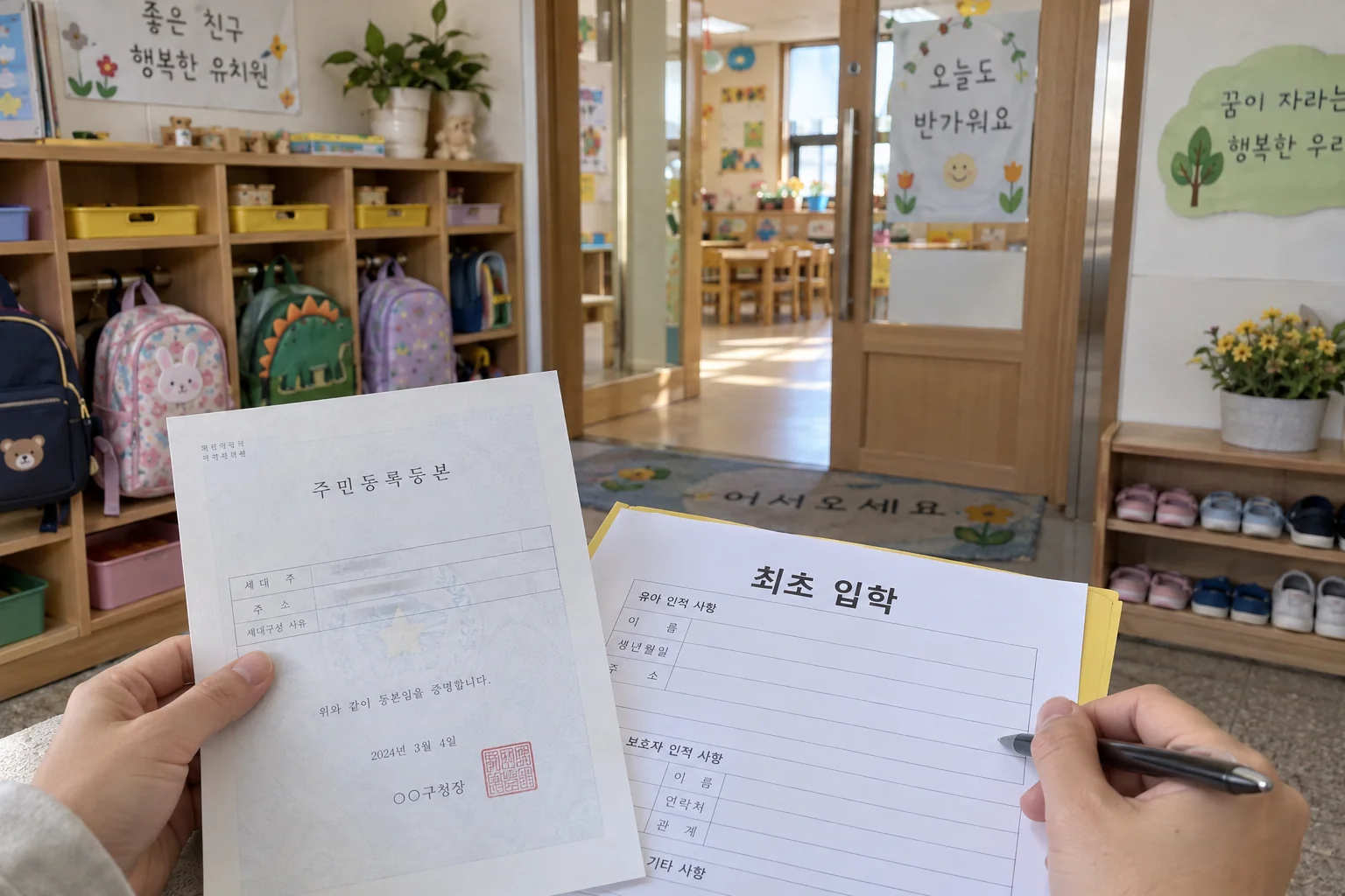 진천군 유치원 입학 조건을 확인하는 보호자의 서류와 교실