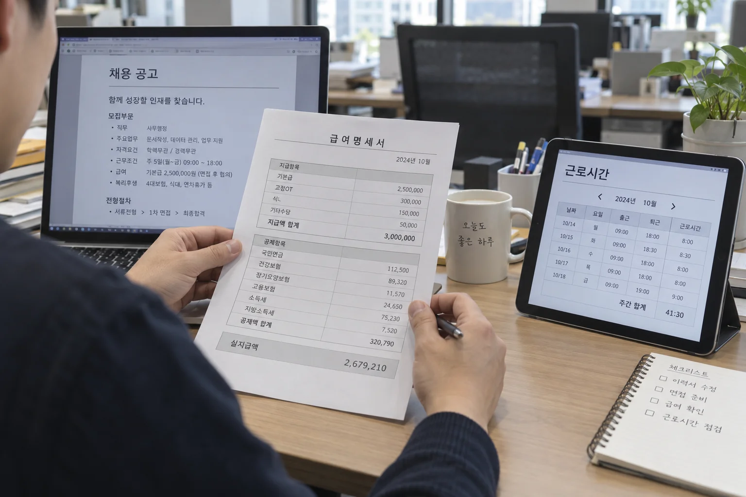 급여명세와 근무기록을 함께 확인하는 직장인의 책상