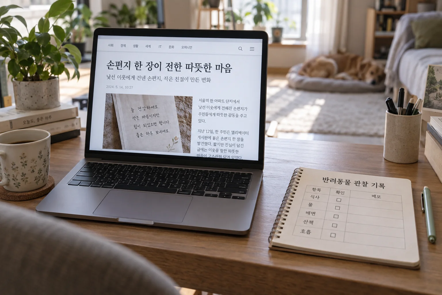 기사 제목과 반려동물 관찰 기록을 구분해 둔 한국 가정의 책상