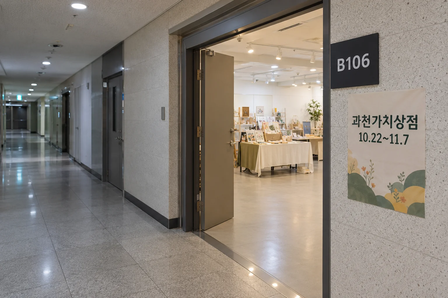 디테크타워 지하 행사장 앞 과천가치상점 안내와 진열 공간