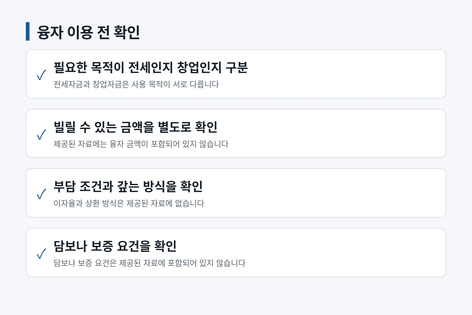 전세자금과 창업자금 융자 지원의 확인 항목을 정리한 그림입니다