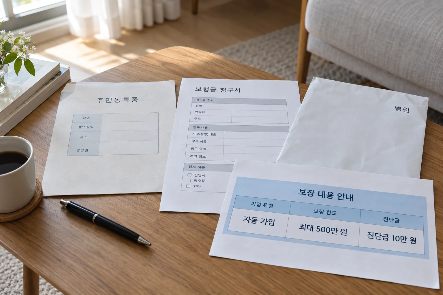 광주 서구 주민의 안전보험 보장 조건을 정리한 서류와 생활 소품
