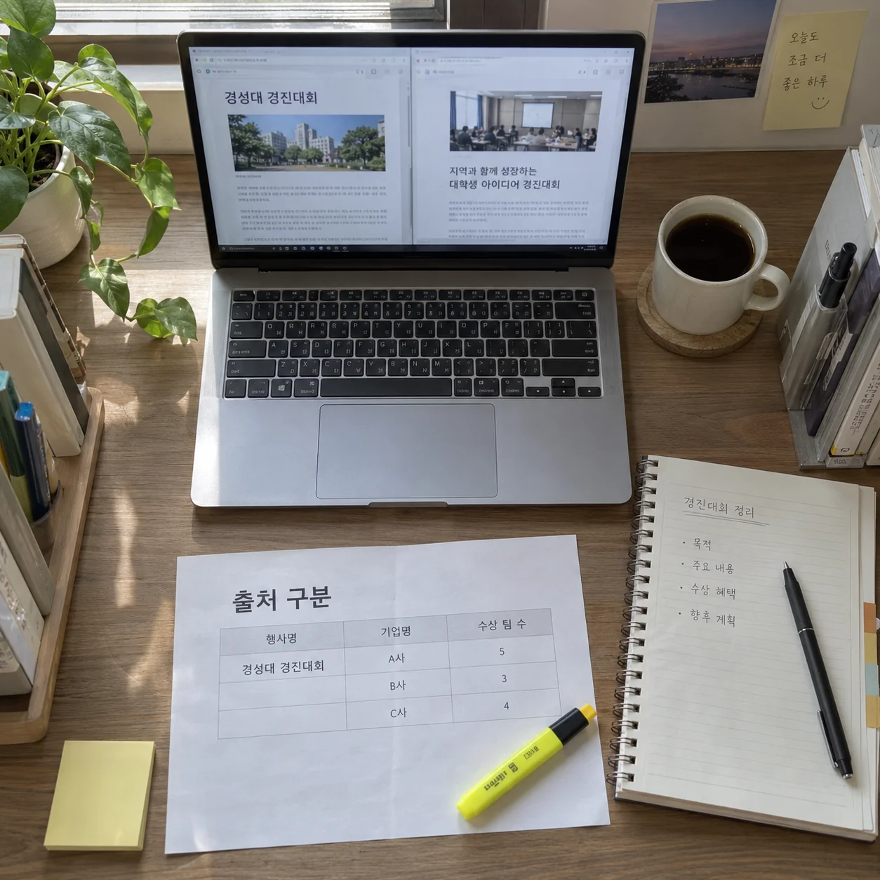 서로 다른 기사 출처와 행사 정보를 대조하는 책상 위 자료