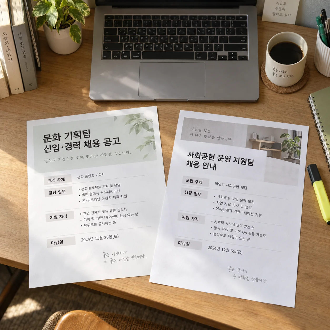 모집 문서의 직무와 자격요건 항목을 비교하는 모습