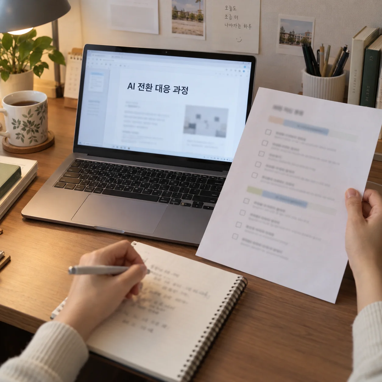 AI 전환 교육 주제를 검토하는 책상 위 노트북과 학습 자료
