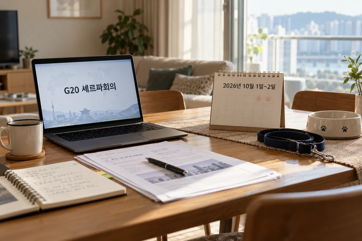 워싱턴 회의 자료와 반려견 용품을 함께 확인하는 보호자
