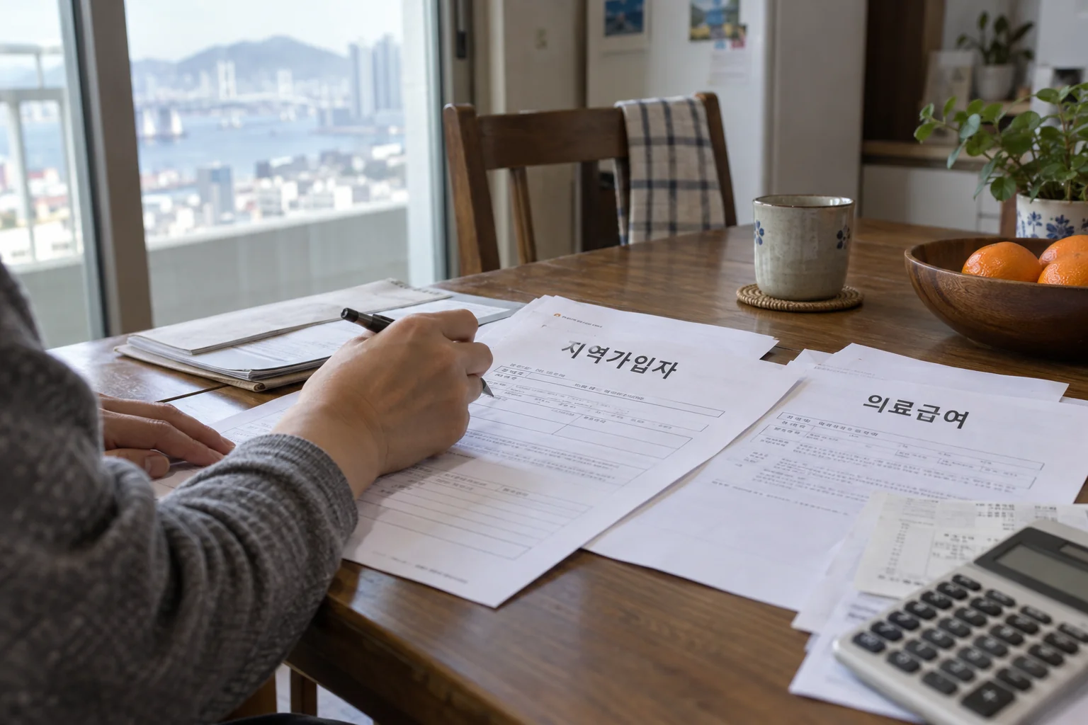 부산의 가정집 식탁 위 건강보험 자격 확인 서류